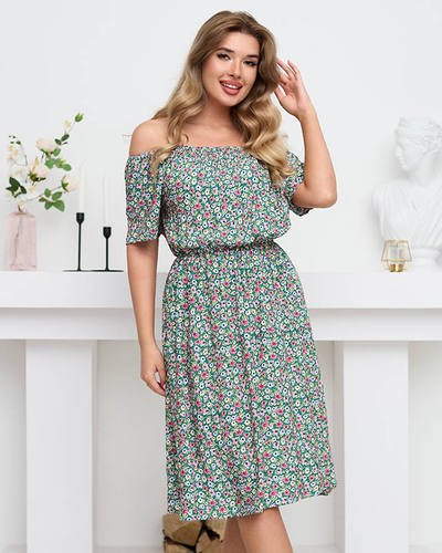 Rochie de vara scurta verde de dama cu flori colorate - Imbracaminte