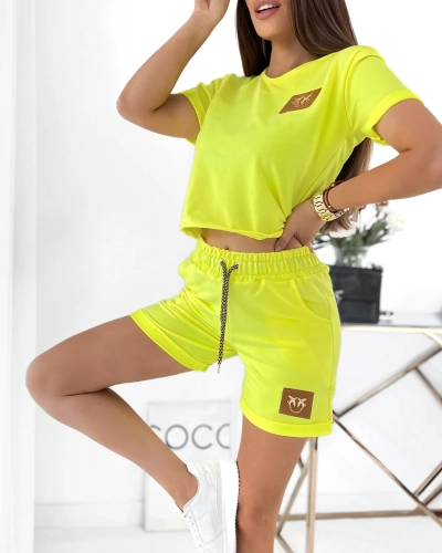Royalfashion Set sport pentru femei din două piese galben neon cu petice