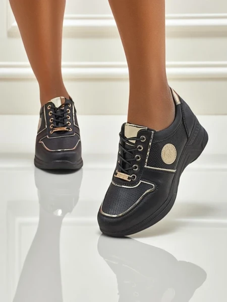 Damskie sneakersy koturny Callista Nero skóra ekologiczna czarne