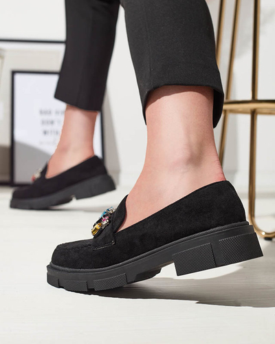 OUTLET Mocasini de damă din piele de căprioară ecologică neagră cu cristale decorative Alenns- Footwear