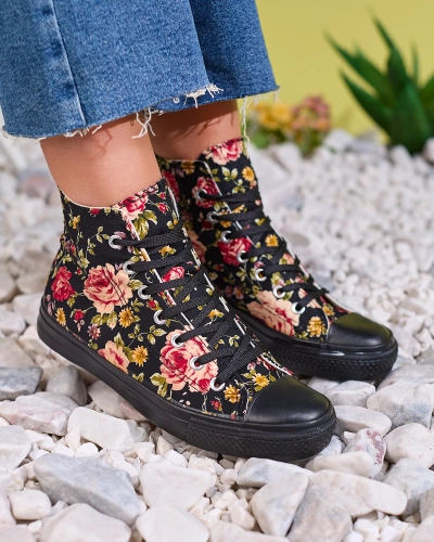 Royalfashion Adidași înalți de damă negri cu imprimeu floral Fahenna