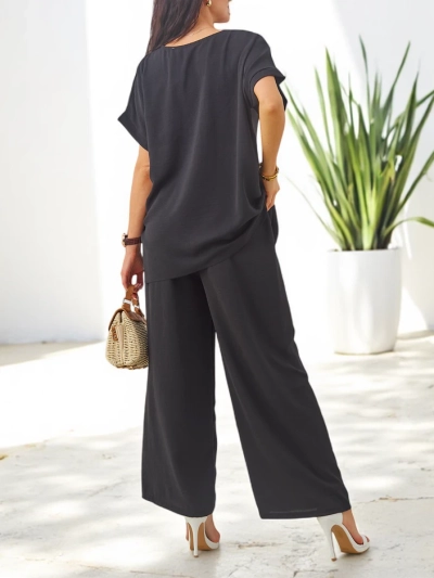 Royalfashion Set pentru femei cu mâneci scurte, floare decorativă și pantaloni largi