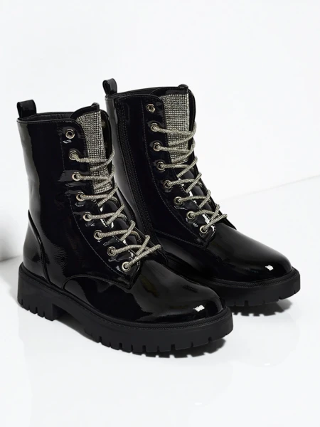 Botine de Damă Athena Negre Lăcuite Elegante pentru Toamnă