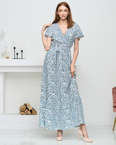 Rochie lungă de vară de damă cu frunze, gri și alb - Îmbrăcăminte