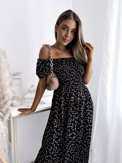 Rochie midi neagră florală pentru femei - Îmbrăcăminte