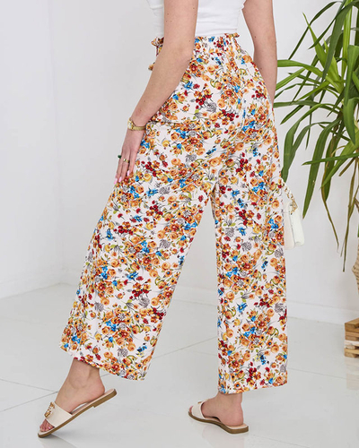 Pantaloni palazzo alb cu flori portocalii pentru femei- Îmbrăcăminte