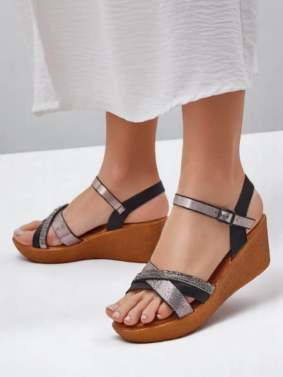 Sandale cu wedge pentru femei Royalfashion cu strasuri și sclipici Glittera
