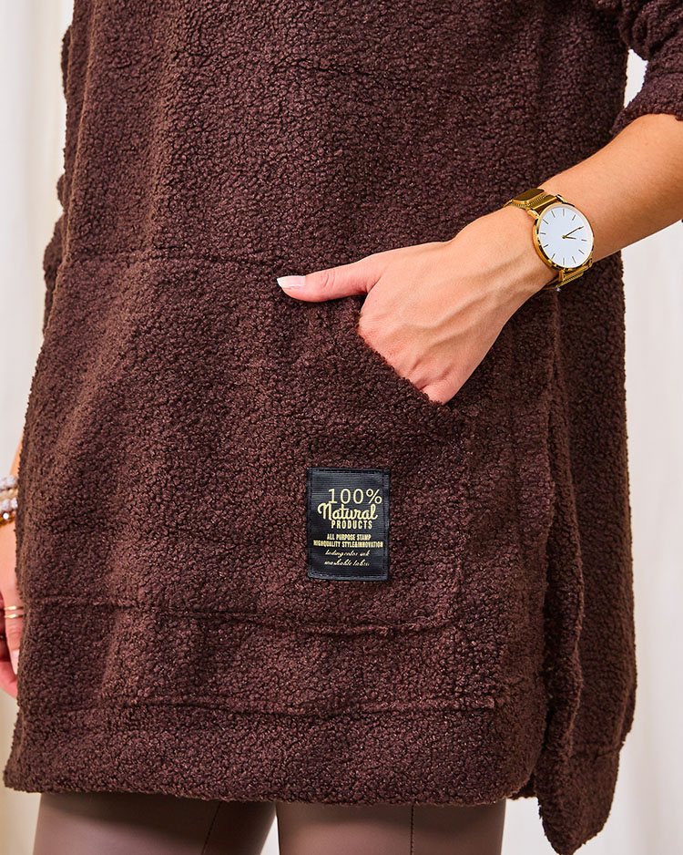 Royalfashion Pulover lung de damă maro închis cu glugă