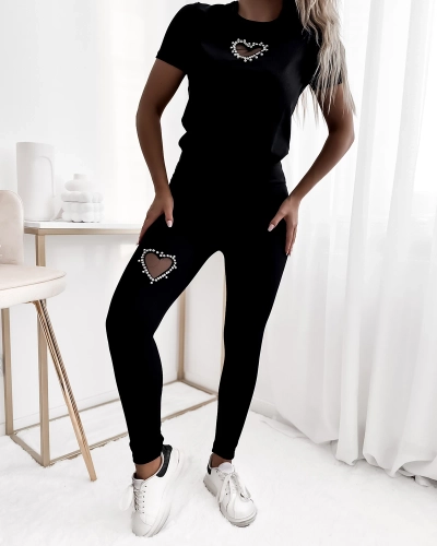 Royalfashion Set sport negru pentru femei cu inimioare