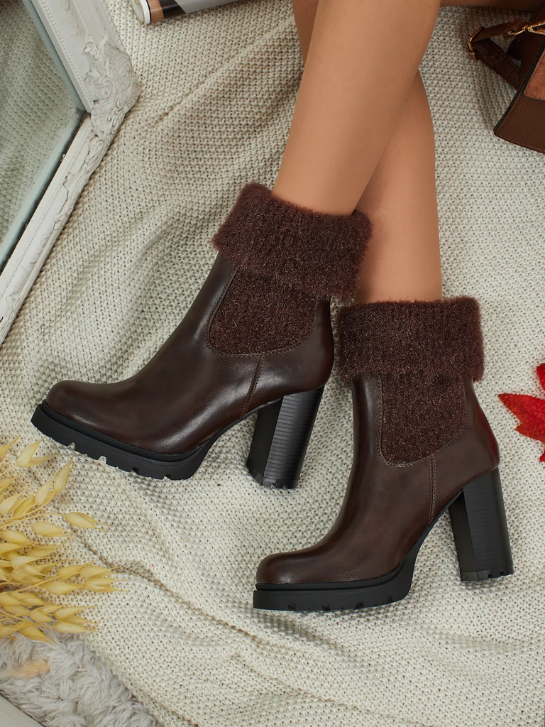 Botine de damă din piele ecologică cu toc gros și tricot Tirave