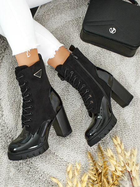 Botine de damă din piele ecologică întoarsă cu toc gros Event Bramble