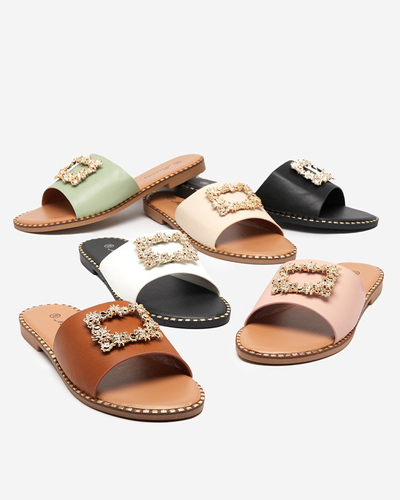 OUTLET Papuci de dama eleganti negri cu decor auriu Meriso - Incaltaminte