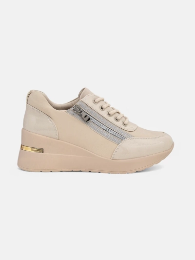 Sneakers dama cu toc HeraBea bej din piele ecologica 6,5 cm cu fermoar
