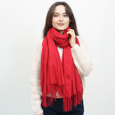 Eșarfă roșie mare și călduroasă cu ciucuri - Accesorii