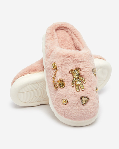 Royalfashion Papuci de blană pentru femei roz cu ornamente Erserra