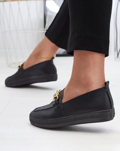 Mocasini negri de damă cu ornament auriu Ellica- Footwear