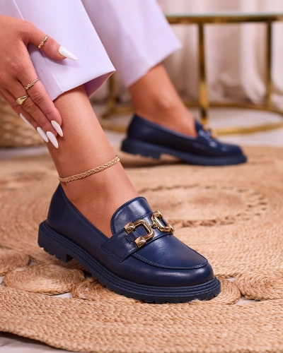 Royalfashion Mocasini pentru femei albastru marin cu ornament auriu Aderica