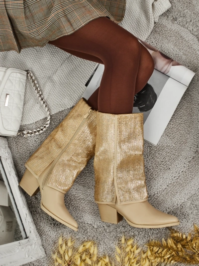 Botine de damă din piele ecologică cu toc gros și partea superioară decorativă Virelia