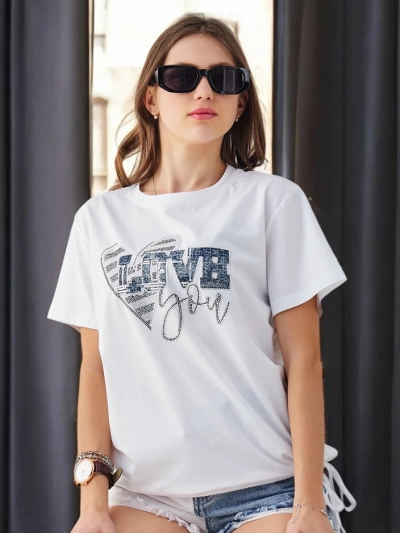 Royalfashion Tricou din bumbac pentru femei LOVE cu strasuri