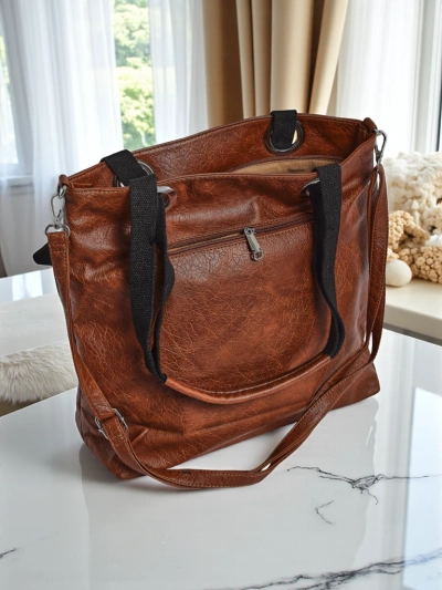 Calista brown eco-leather handbag with studs 41x35 cm