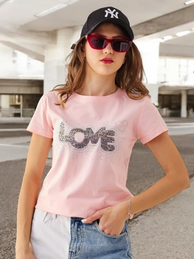 Royalfashion Tricou din bumbac pentru femei LOVE cu strasuri