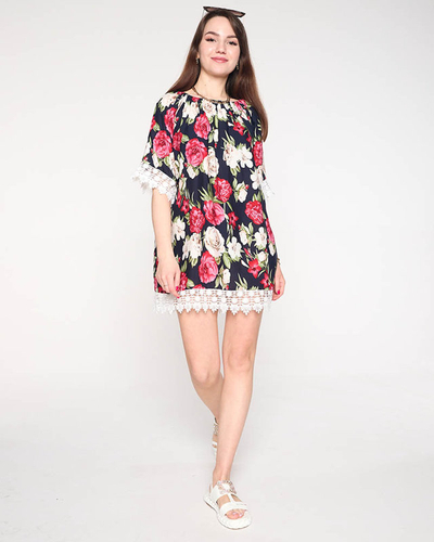 Bluză de damă bleumarin cu flori MĂRI PLUS - Îmbrăcăminte