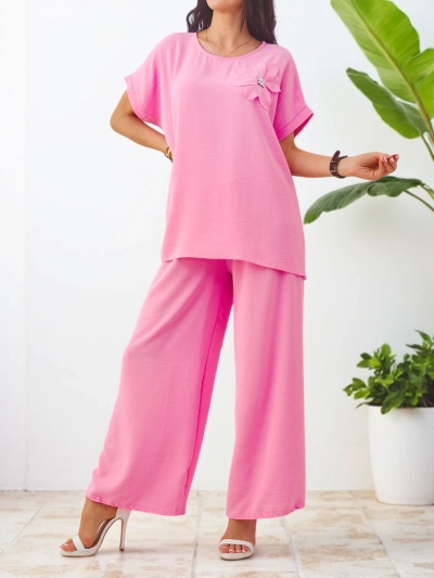 Royalfashion Set pentru femei cu mâneci scurte, decorat cu floare și pantaloni largi