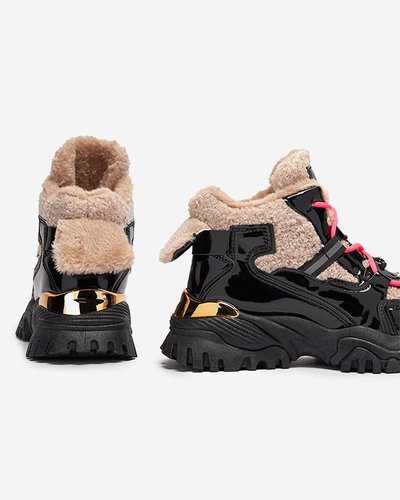 Pantofi sport de damă negri cu blană și șireturi roz neon Adbo- Footwear