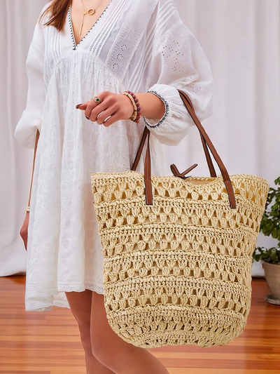 Royalfashion Geantă de damă mare din paie natural clasic