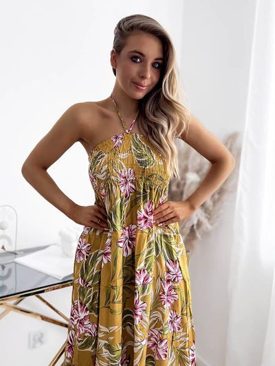 Rochie midi galbenă pentru femei cu model floral - Îmbrăcăminte