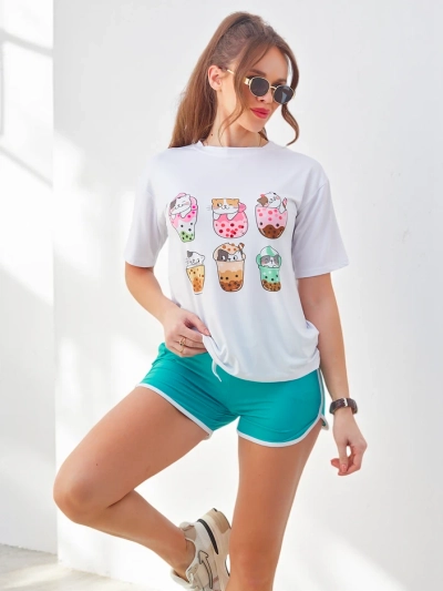 Royalfashion Set sportiv pentru femei cu tricou și pantaloni scurți Kitty Cat
