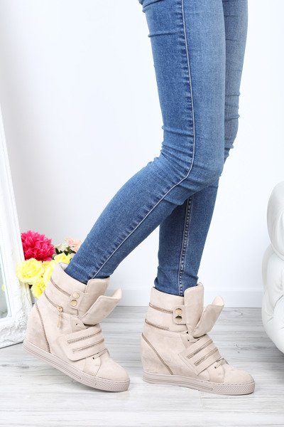 Beżowe sneakersy na krytym koturnie z suwakami Erica- Obuwie