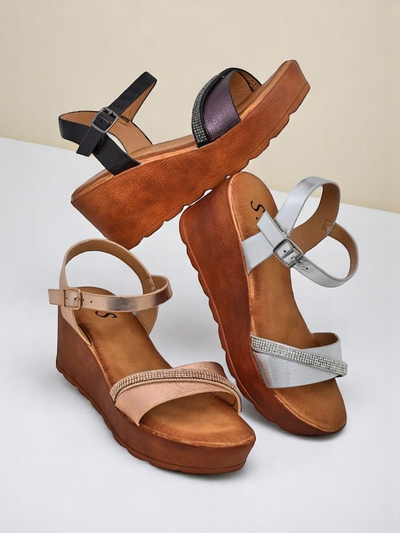 Sandale cu toc wedge pentru femei Royalfashion cu strasuri și sclipici Aurora Glow