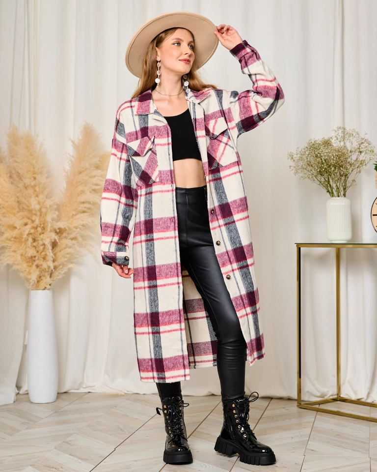 Jachetă de damă cu carouri maro peste genunchi - Îmbrăcăminte