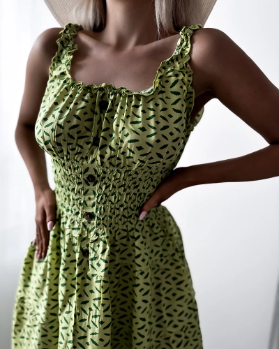Rochie de damă lungă până la genunchi cu imprimeu în verde- Îmbrăcăminte