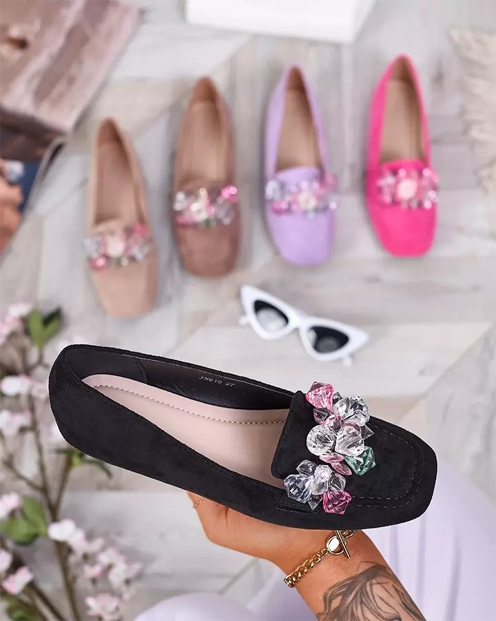 Royalfashion Mocasini negri pentru femei cu cristale colorate Setmika