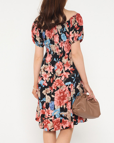 Rochie mini de dama neagra cu flori cu spatele deschis - Imbracaminte
