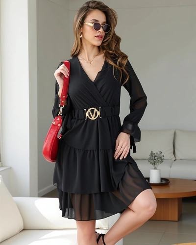 Rochie mini Royalfashion pentru femei cu volane și guler înfășurat