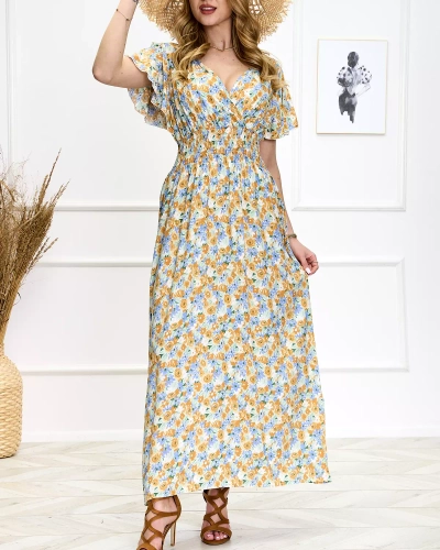 Rochie midi florală de damă albastră și galbenă - Pantofi