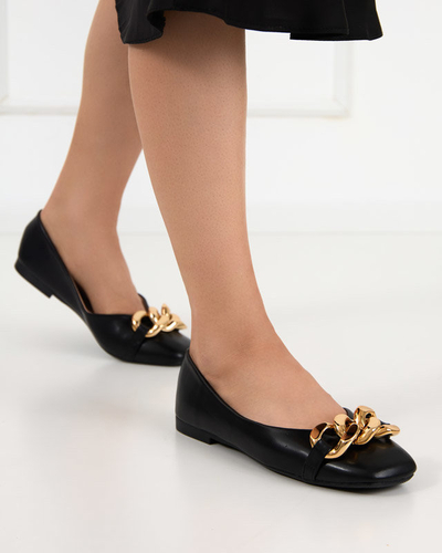 Balerini de dama neagra din piele ecologica cu decor gassi auriu - pantofi
