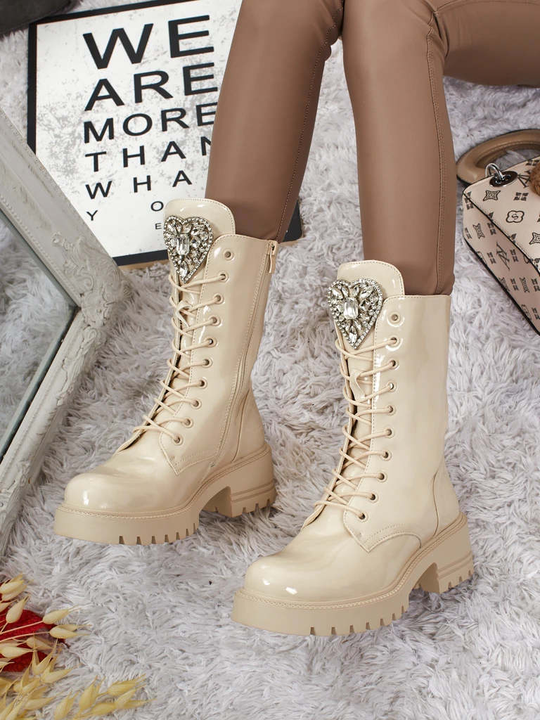 Botine Dama Flora Bej Strălucitoare Elegante de Toamnă