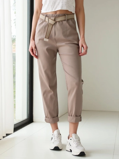 Royalfashion Pantaloni Drepți Woven pentru Femei cu Curea
