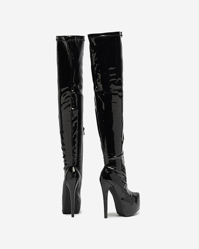 Cizme peste genunchi lăcuite de damă, de culoare neagră Leccie- Footwear