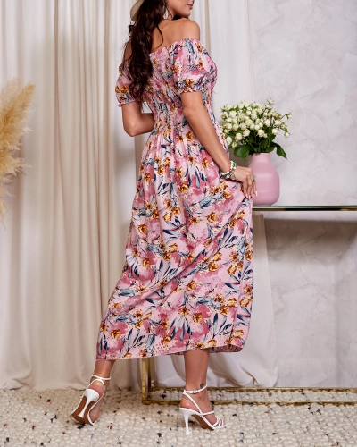 Rochie midi florală roz de damă - Îmbrăcăminte