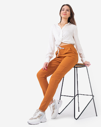 Pantaloni de dama din stofa de culoarea camila PLUS SIZE - Imbracaminte