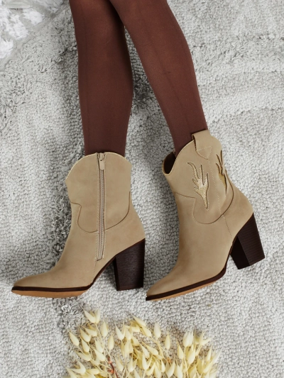 Botine cowboy de damă cu toc și inserții decorative Cendria
