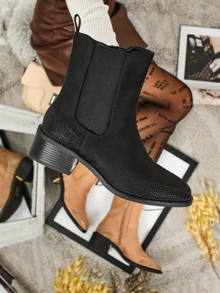 Botine de damă din piele ecologică întoarsă, decorate cu zirconii TangleMist