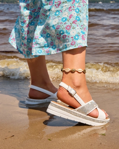 Royalfashion Sandale albe de damă din piele ecologică cu zirconii Trikys