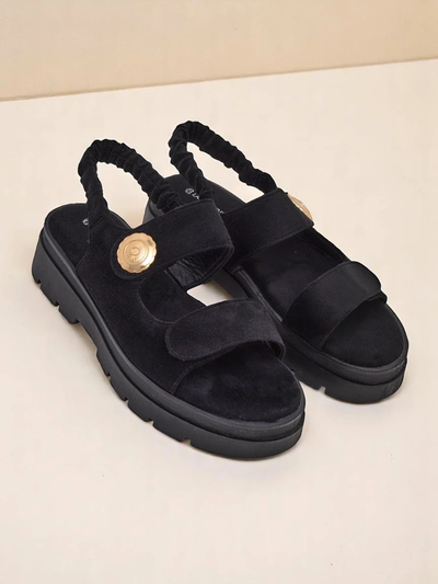 Sandale damă Royalfashion Anthea Nero – piele de căprioară neagră, platformă 5 cm
