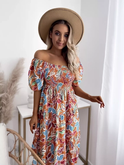 Rochie scurtă portocalie pentru femei cu umeri deschiși - Îmbrăcăminte